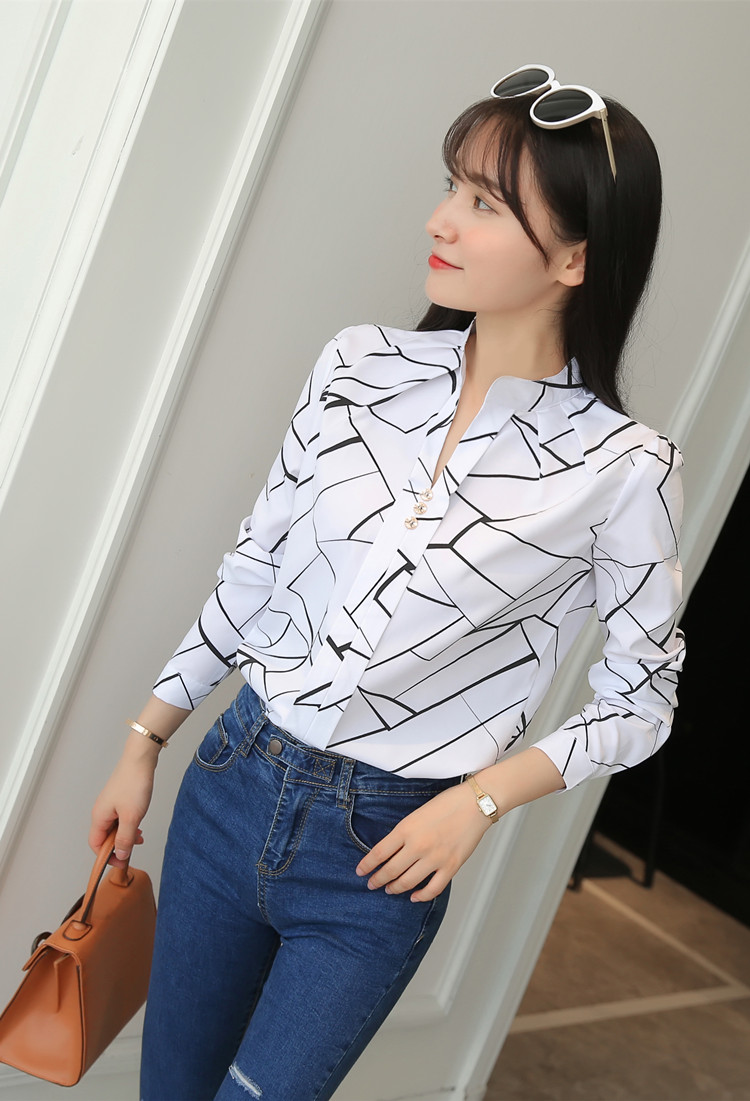 Áo blouse trắng tay dài kẻ sọc 2017 mùa xuân mới Han Fan áo voan đáy áo v-cổ áo sơ mi nữ cổ sen tay dài