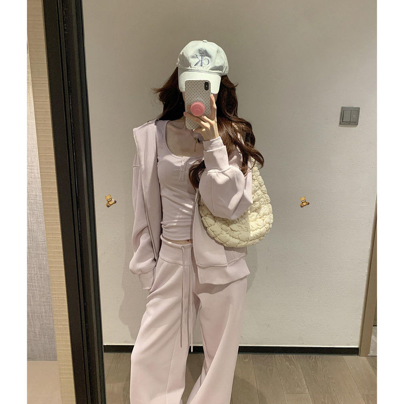 Very Nice Two-Piece Spring Outfit, New Pink Casual Suit for Women, Hooded Loose Sweatshirt with Inner Top and Pants
