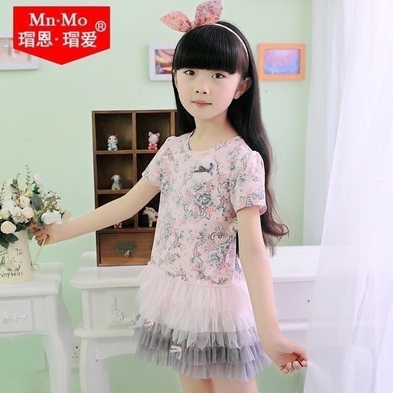 Bo En Bo Love Girls Dress Summer Thin Children's Short-sleeved skirt Lace girl cake dress Korean princess dress