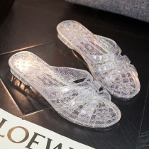 Korean version of fashion jelly shoes crystal plastic half slippers seaside sandals and slippers womens summer deodorant indoor flat bottom cooked glue