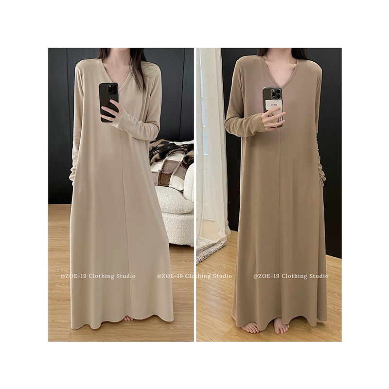 Zoe-19|【Super Comfortable and Soft Apricot Elegant Nightgown】Minimalist Lazy Home Wear Brushed Dress