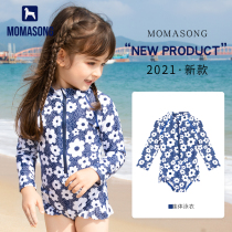 Momasong Children Swimsuit Girl Conjoined Long Sleeve Sunscreen Swimsuit Baby Baby Cute Blue Flower Swimsuit