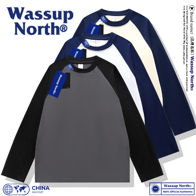 Wassup North Spring and Autumn Heavyweight Pure Cotton Color-Block Raglan Long-Sleeve T-Shirt for Men and Women, Simple Solid Color Patchwork Wassup North Spring and Autumn Heavyweight Pure Cotton Color-Block Raglan Long-Sleeve T-Shirt for Men and Women, Simple Solid Color Patchwork