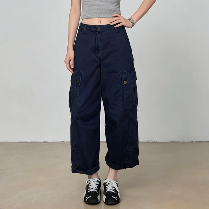 Ader Navy Blue Nine-Point Cargo Pants for Women 2026 Spring/Summer New High-Waisted Loose Versatile Slimming Straight-Leg Casual Pants