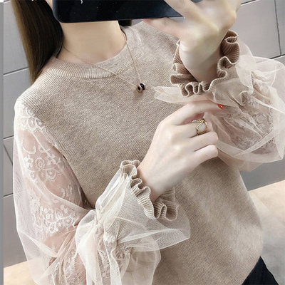 2020秋冬装新款百搭蕾丝接拼打底针织衫