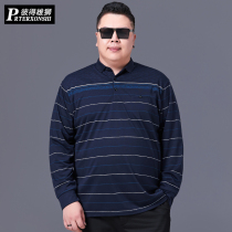 Spring and Autumn Fat Cotton Stripe Lapel Large Size Long Sleeve T-shirt Male Middle-aged Dad Fat Increase Loose Body