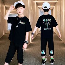 Boys  suit Short-sleeved 6 children 7 middle and older children 9 cool 10 cropped pants two-piece set 13-15 years old summer clothes reflective tide