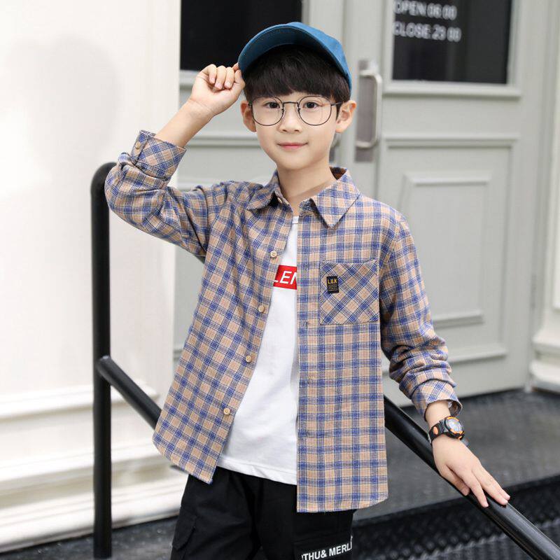 Boys shirt 6 Spring and Autumn thin coat 7 children 8 middle and big Child 9 spring and summer 10 year old boy long sleeve plaid shirt tide 12