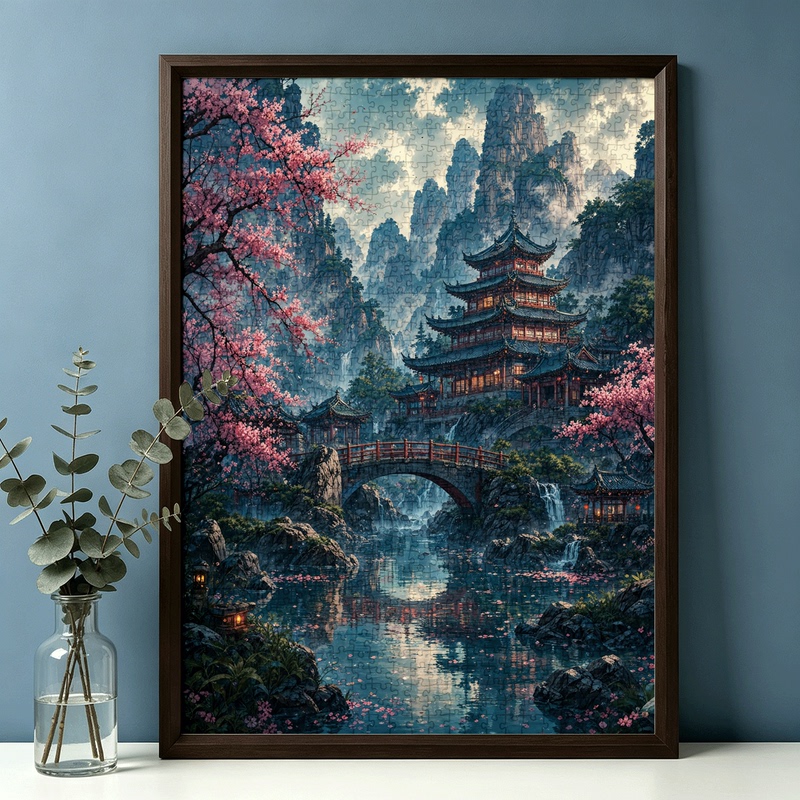 Adult Puzzle 1000 Pieces Blue Card with Photo Frame Decorative Painting Landscape Stress-Relief Healing Style Ancient Style Pavilion Cherry Blossom Scenery Adult Puzzle 1000 Pieces Blue Card with Photo Frame Decorative Painting Landscape Stress-Relief Healing Style Ancient Style Pavilion Cherry Blossom Scenery