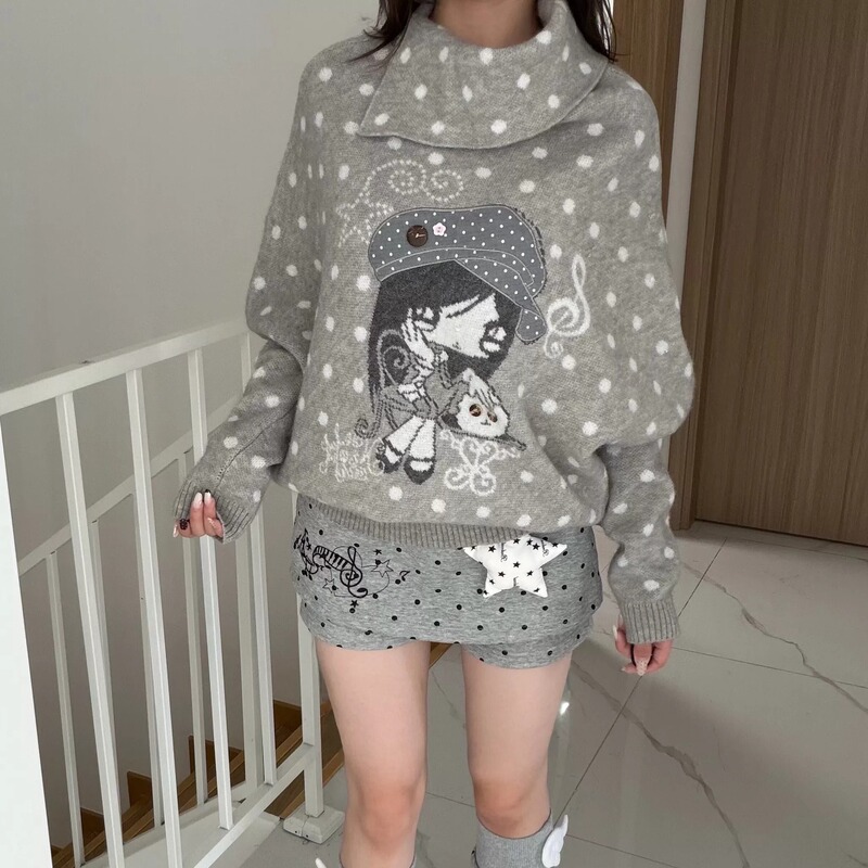 Meim Three-Point Sugar Light Jacquard Knit Sweater for Women Casual Embroidered Girly Lapel Pullover Sweater