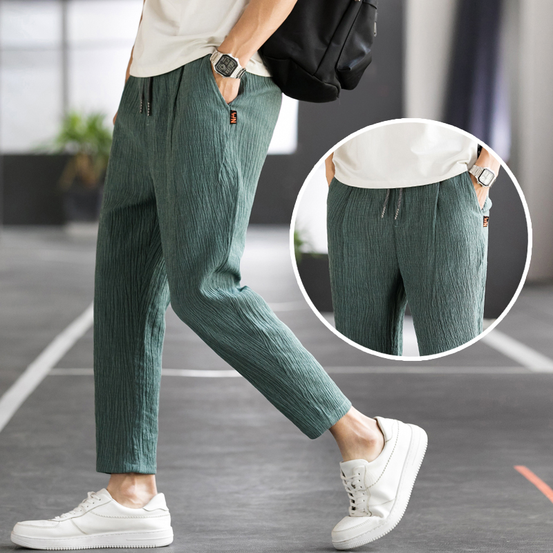 Spring Summer ultra-thin section 90% cotton linen linen pants men ice silk casual long pants wide tightness waist straight drum summer