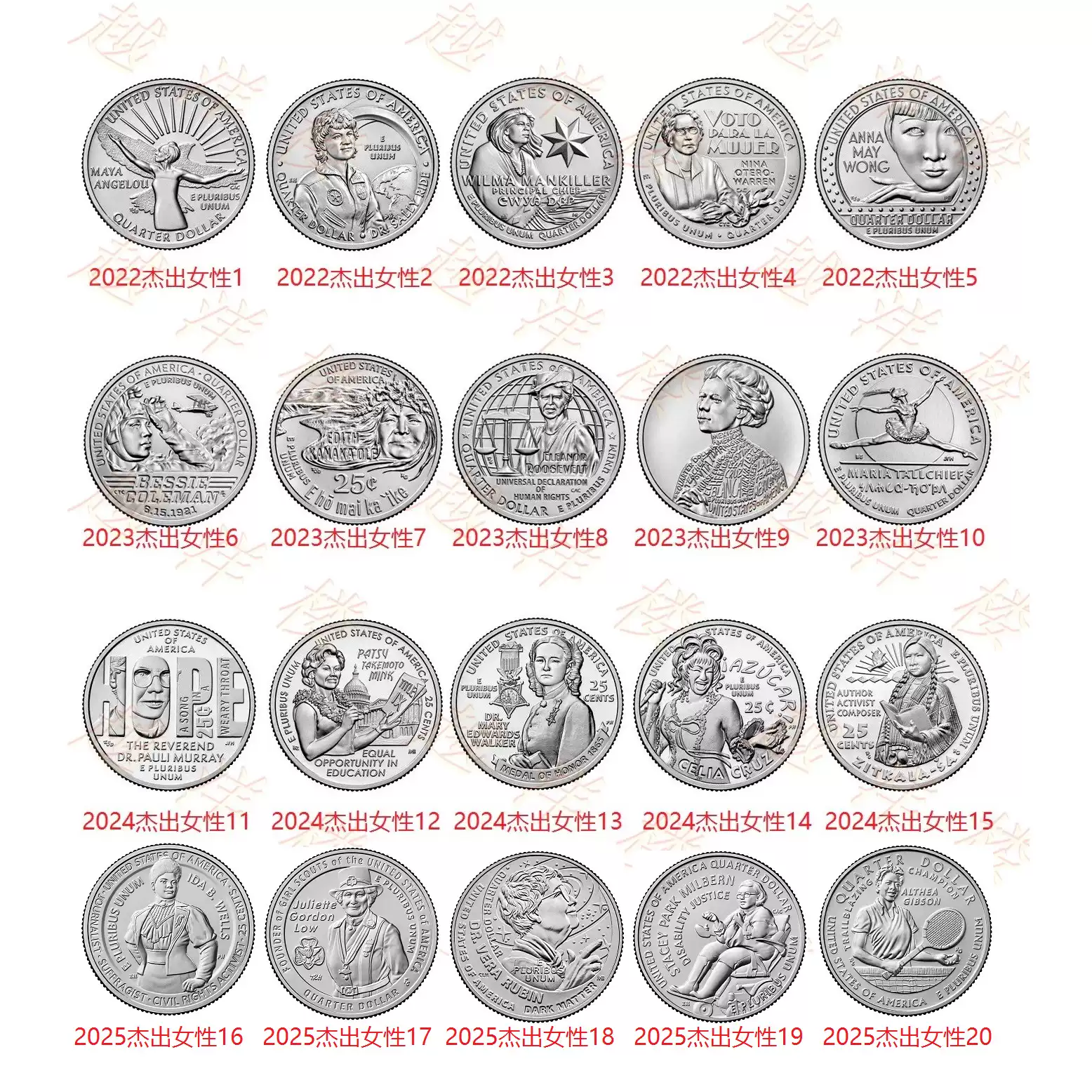 美国杰出女性25美分硬币2022-2024妇女纪念币大全套P版D版妇女纪念币收藏