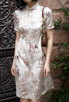 Fa-style retro folk wind 19 mmi elastic jacquard satin modified qipao with long dress