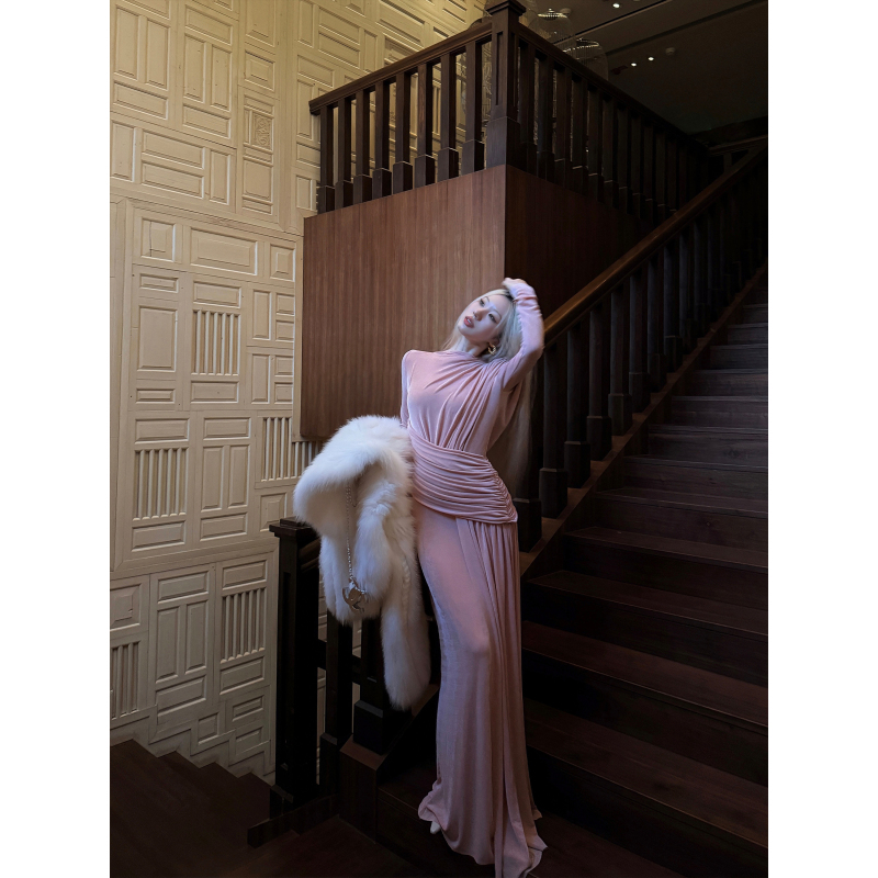 Nssy Drowning Three Fishes Thousand-Flower Socialite Knitted Pink Dress Women's Spring High-End Beautiful Sparkling Long Dress
