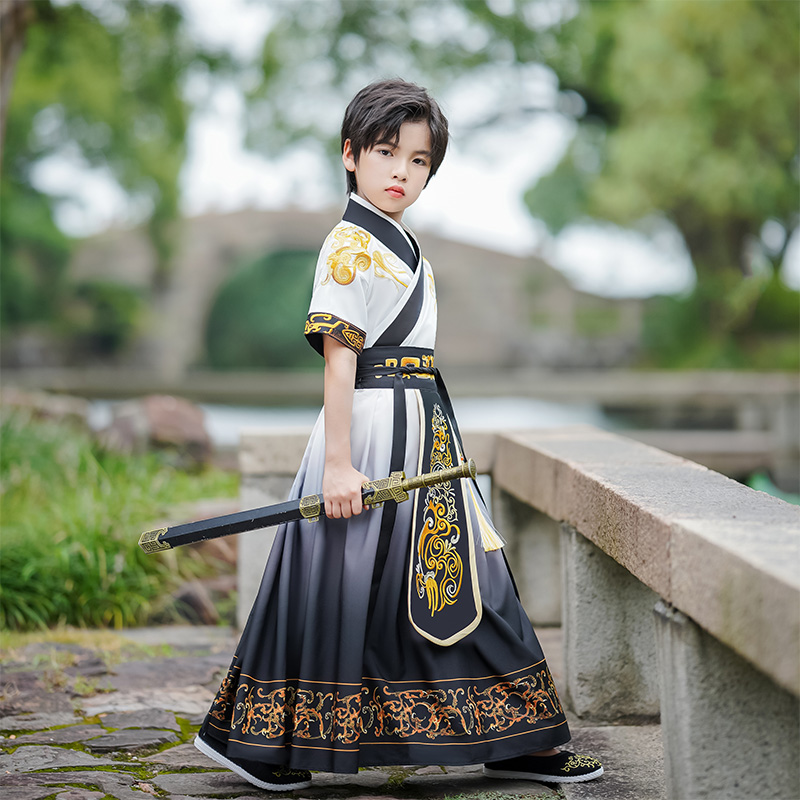 男の子半袖漢服2025夏オリジナル中国風子供古代衣装男の子学生国民学習服唐スーツ学者