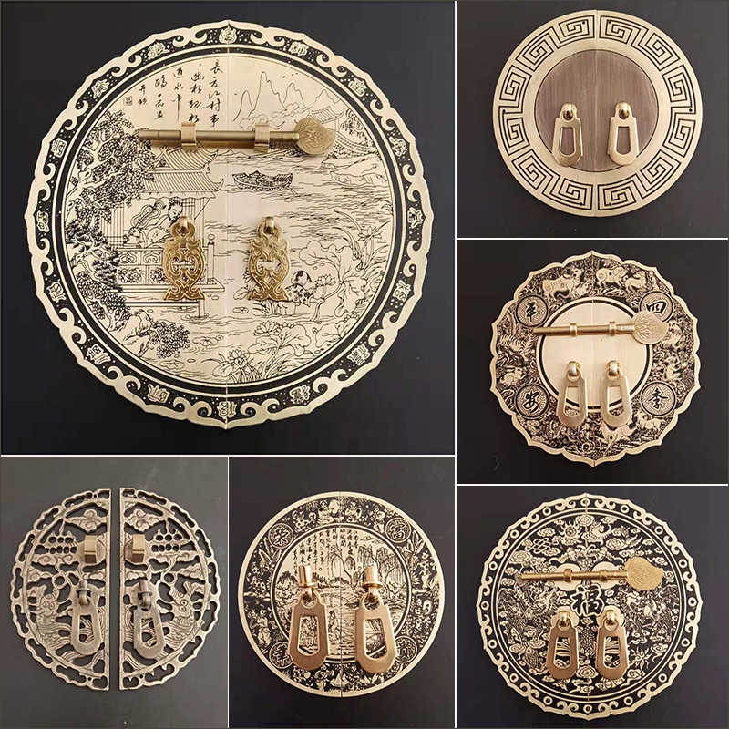 Chinese vintage furniture copper accessories pure copper handle whole closet cabinet door Four seasons Ping An fu character round back tattooed full copper handle