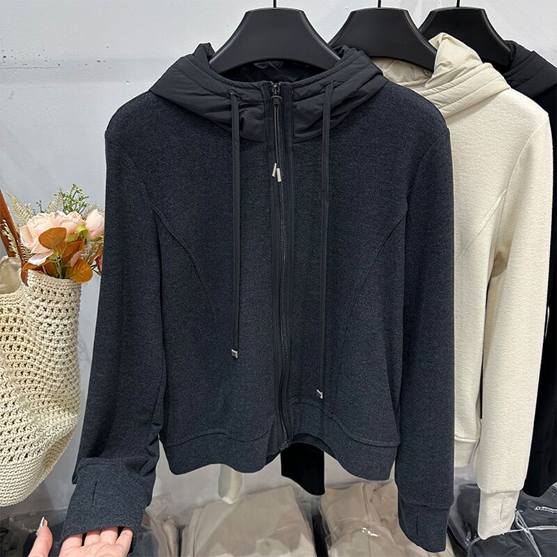 Special Discount First-Line Brand Casual Style Hooded Zip-Up Sweatshirt for Women, Loose Fit, Faux Two-Piece, Warm Cardigan Jacket, Dark Gray