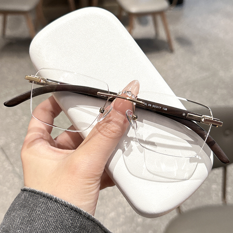 Retro Trendy Sandalwood Temple Arms Men's Large Face Rimless Prescription Glasses Business Pure Titanium Can Be Fitted with Prescription Lenses and Blue Light Protection