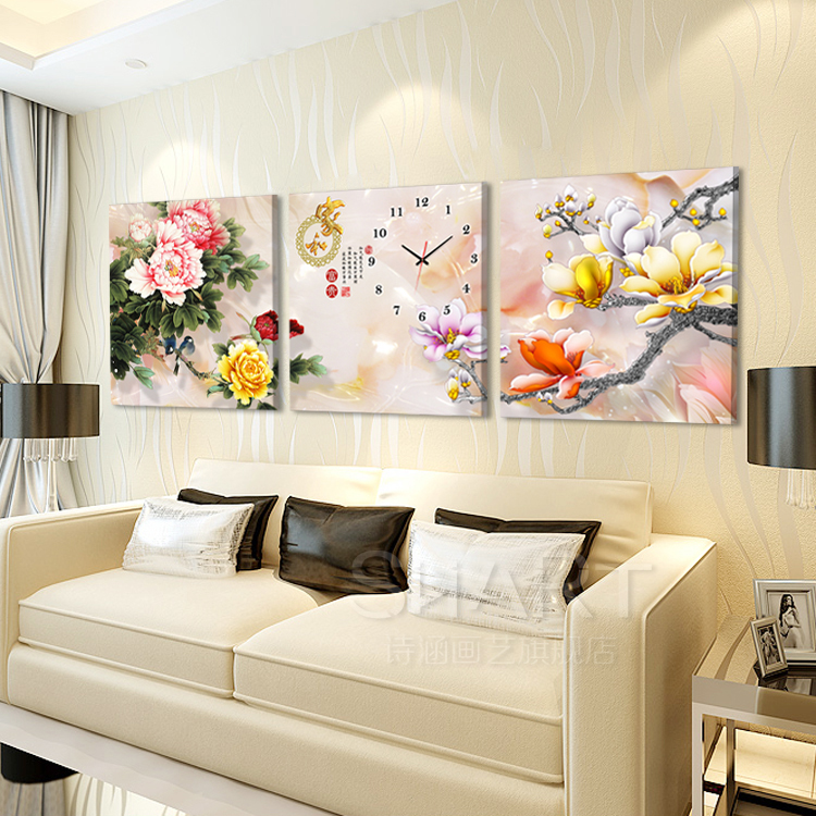 Modern decorative painting peony hanging painting magnolia mural frameless painting three paintings sofa background wall hanging painting dining room painting