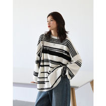 Black and white lines thin Korean loose sweater 2021 Autumn Street leisure loose irregular stripe sweater women