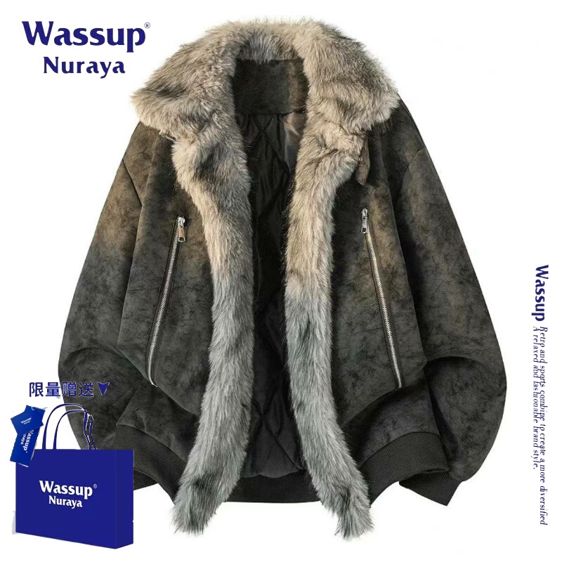 Wassup Nyraya American-Style Trendy Fur Collar Cotton Jacket for Men, Winter Thickened High-End Cotton Coat