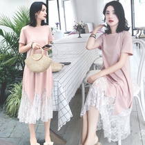 Maternity nursing dress new summer net red summer dress knee-length T-shirt dress cotton stitching lace dress