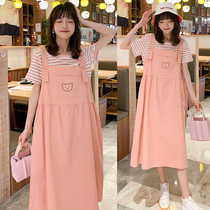 Pregnant women spring summer dress fashion models net red summer short sleeve loose strap skirt two-piece over-the-knee dress