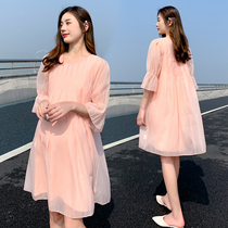 Maternity dress summer 2021 fashion new net red thin chiffon loose medium-long skirt foreign summer