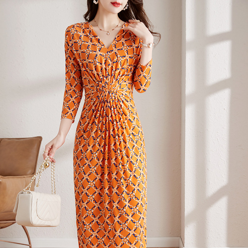 French-Style Wrap Silk Dress for Women, Orange Geometric Print, V-Neck, Waist-Cinching, Slim-Fit, Silk Dress with an Elegant Vibe