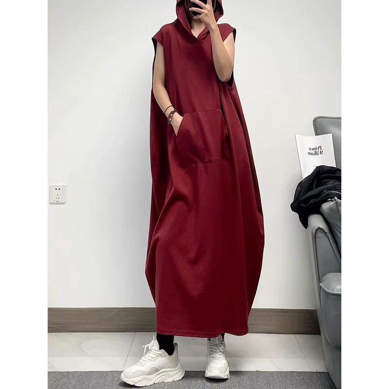Hong Kong Style Casual Hooded Sleeveless Dress, Extra-Long High-Waisted Harajuku Silhouette Lantern Dress 312
