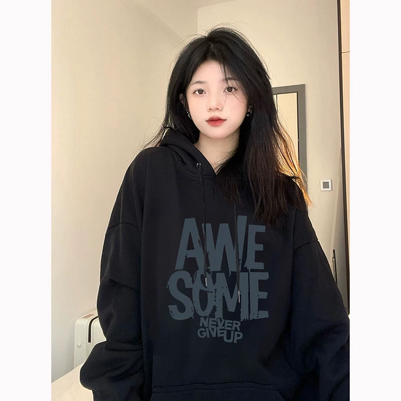 Черный демисезонный теплый ретро-худи, куртка, американский стиль, оверсайз