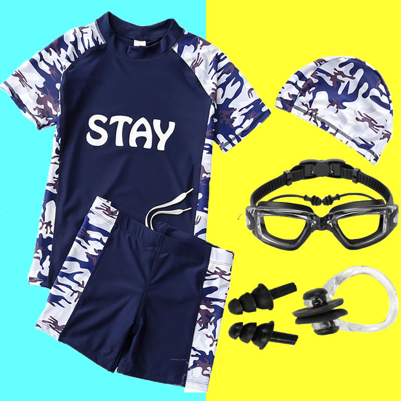 Boys primary school students two-piece swimsuit suit 8-year-old camouflage big boy 9-10 boxer pants 11-12 junior high school 13