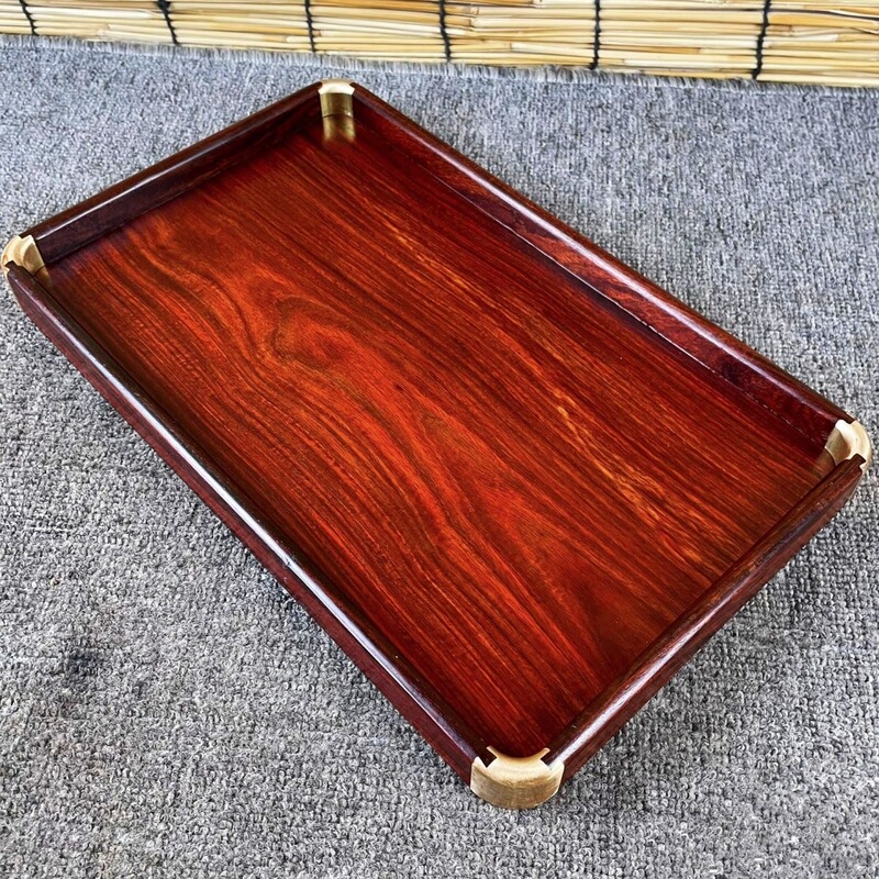 Natural Rosewood Tea Tray, Solid Wood Tray, Redwood Blood Sandalwood Dry Brewing Tray, Chinese-Style Serving Tray with Copper Inlays