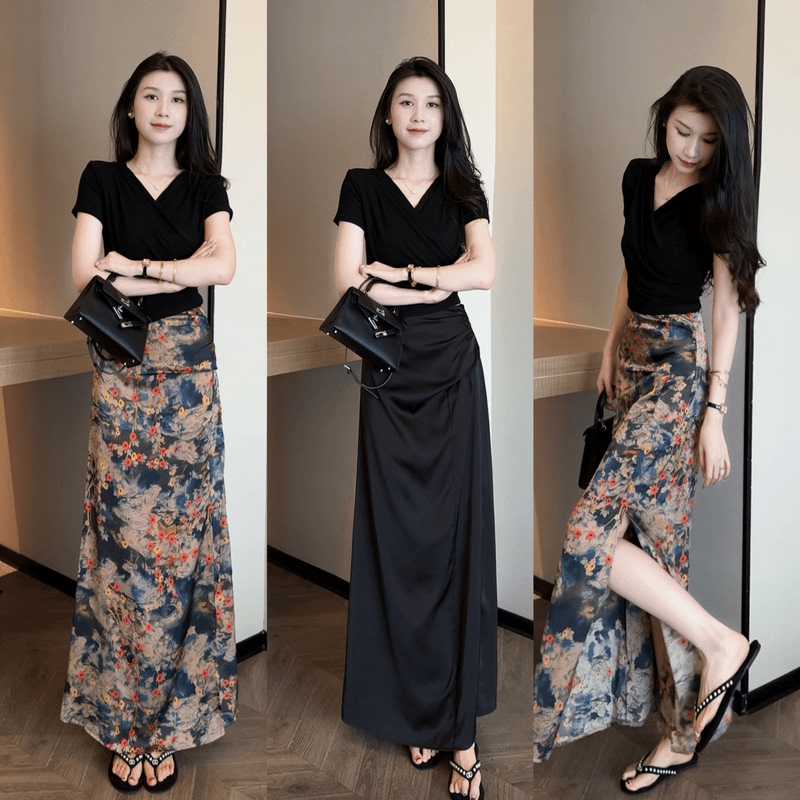 Summer New Versatile Slimming V-Neck Tie-Up Top + Elegant Slimming Pleated Slit Skirt Two-Piece Set