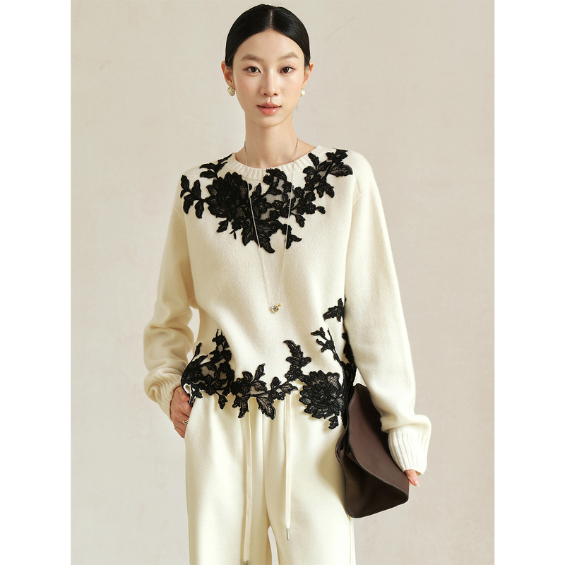 Jiaqi Ruixi 100% Sheep Wool Imported Crochet Lace Embroidery Light Luxury Three-Dimensional Round Neck Pullover Knitwear Jiaqi Ruixi 100% Sheep Wool Imported Crochet Lace Embroidery Light Luxury Three-Dimensional Round Neck Pullover Knitwear