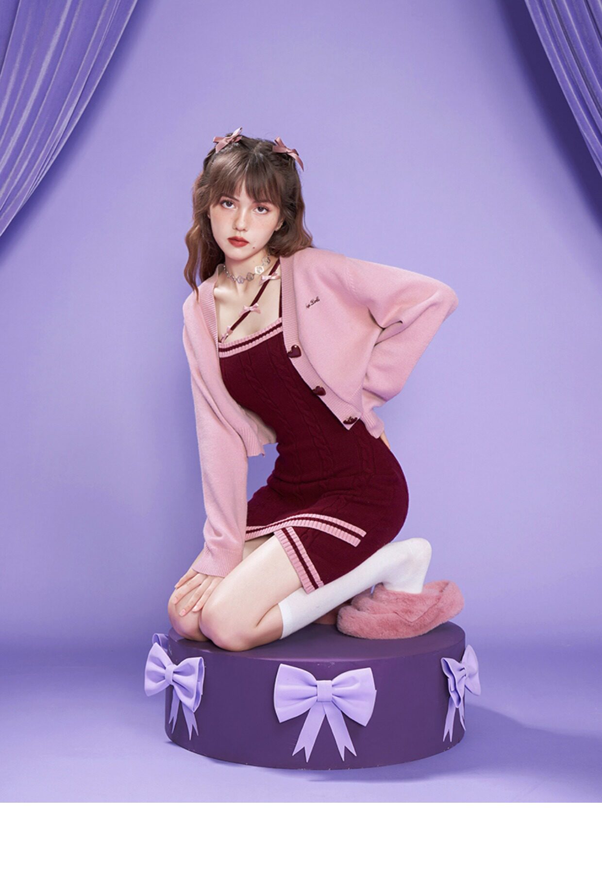 Стильные костюмы sagidolls少女斗志 #奶派甜心#粉色浪漫纯欲毛衣连衣裙套装显瘦乖