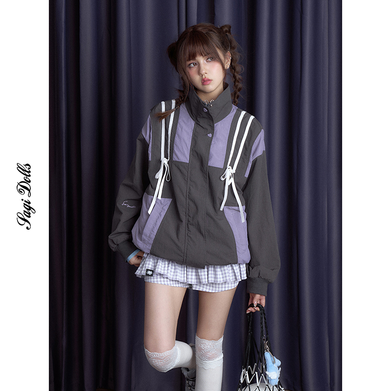 Sagidolls Girl's Fighting Spirit Sweet and Cool Versatile Gray-Purple Loose Jacket Windbreaker Sports Coat Waterproof and Windproof