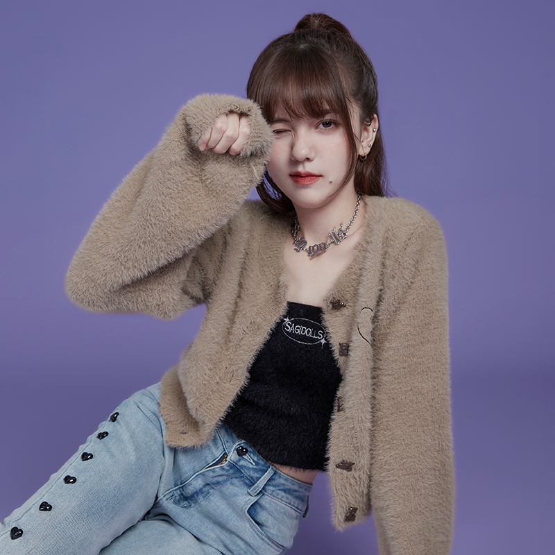Sagidolls Girl's Fighting Spirit Teddy Bear Cocoa Color Sweet Imitation Mink Fur Round Neck Short Thick Sweater Cardigan Autumn