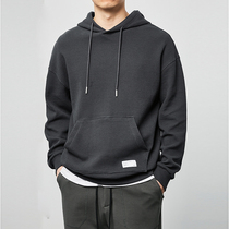 Momake sweater mens spring and autumn hooded New loose heavy waffle solid color American casual knitted coat tide