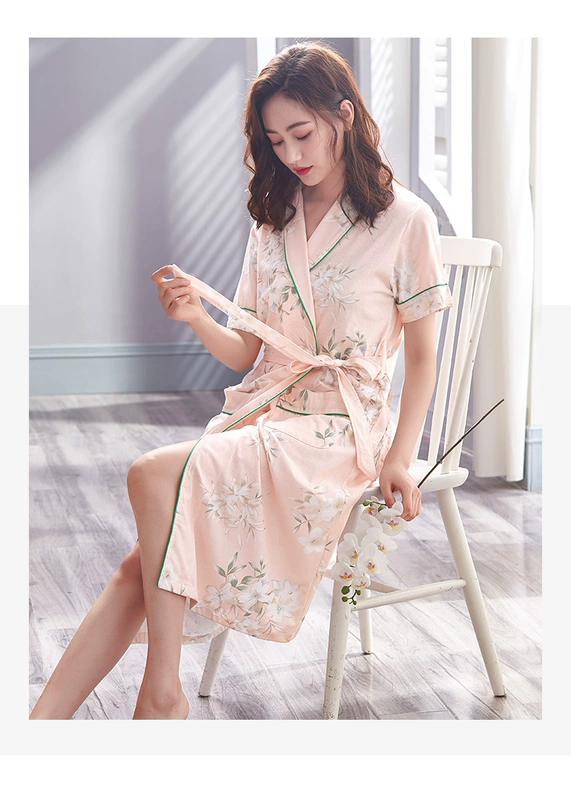 Áo ngủ nữ mùa hè ngắn tay cotton đồ ngủ mùa hè yukata phần dài cotton home dịch vụ áo choàng tắm mặc quần áo gown