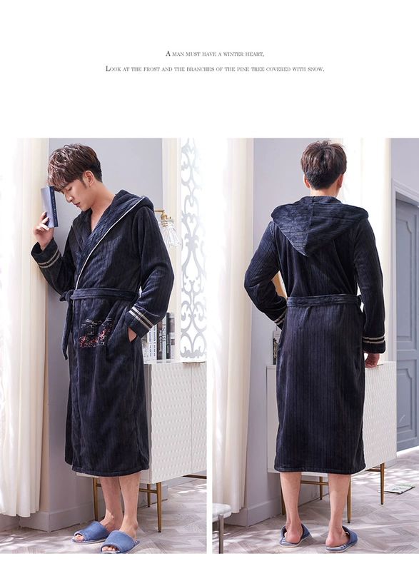 Áo choàng nhung san hô nam mùa đông dày đồ ngủ flannel ấm áp cộng với áo choàng dài kích thước lớn áo choàng mùa thu và mùa đông đồ ngủ sexy mới nhất 2021