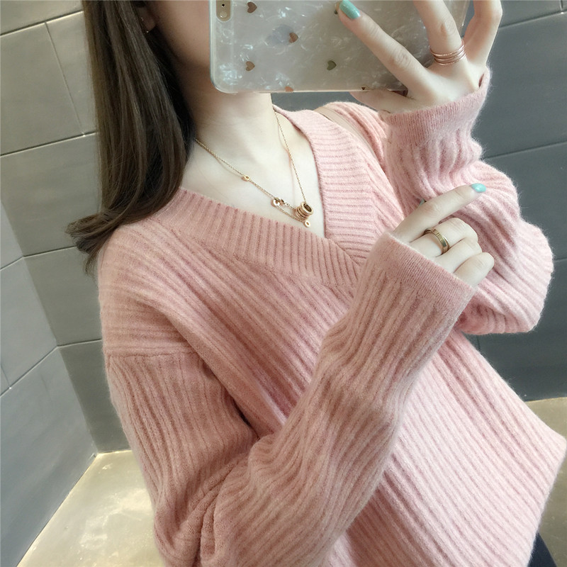 2021 Spring and autumn clothes new V collar foreign pine sweatshirt bottom trekhead sweater women's Korean version loot outside wearing blouses