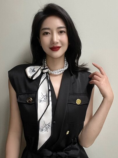 Summer French Retro Pearl Scarf Necklace for Women, Clavicle Chain, Ribbon Decoration, Hair Tie, Elegant Small Scarf, Streamer