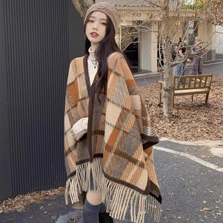 Melard-Style Plaid Shawl for Women, Korean Version, Versatile for Autumn and Winter, Faux Cashmere, Warm Scarf, Cape, Thick Poncho