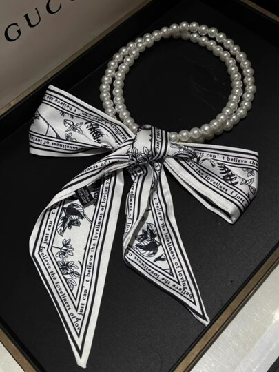 French Retro Spring and Summer Pearl Necklace Silk Scarf Women's Clavicle Chain Ribbon Korean Style Decorative Hair Tie Small Scarf Streamer