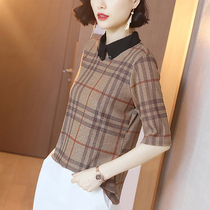 European small shirt 2021 Autumn New loose large size sleeve T-shirt fashion Foreign Air Age age Plaid shiny silk top