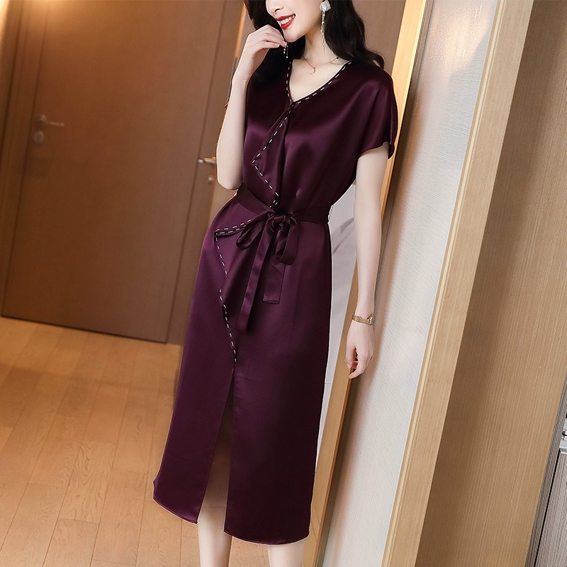 Acetate váy của phụ nữ mùa hè năm 2021 váy thời trang mới của phụ nữ ren lỏng tay áo ngắn cổ chữ V tính khí váy dài - váy đầm