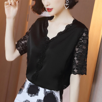 European small shirt Womens 2021 summer New loose size V neck chiffon shirt fashion sexy lace hollow top