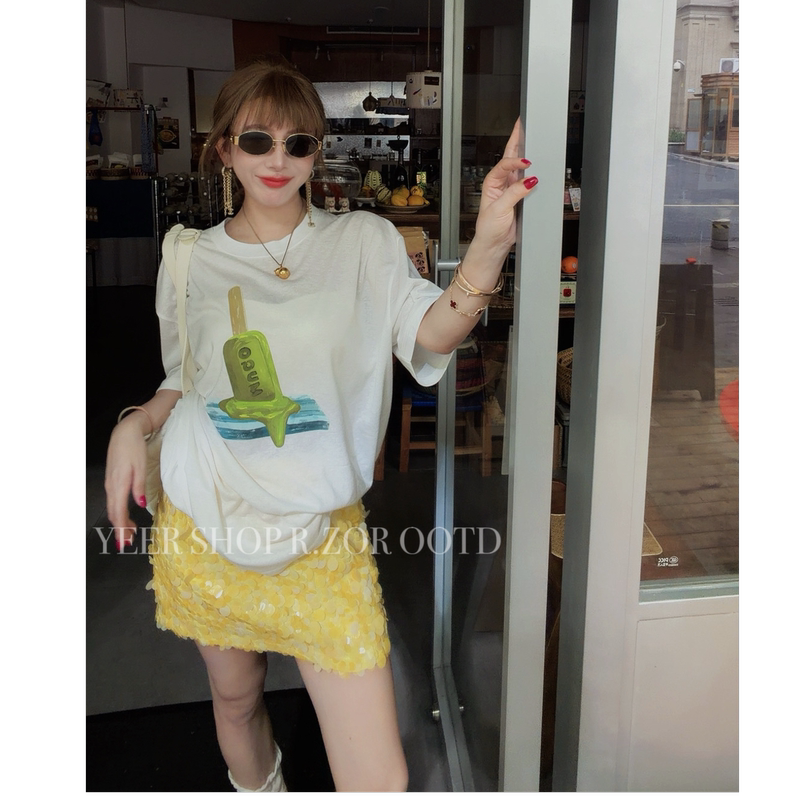 R.Zor【Mung Bean Popsicle~】Men's Summer Fashion Versatile New White Popsicle Print T-Shirt