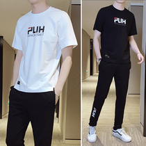 Summer sports suit mens casual 2021 new ice silk short-sleeved mens mature and steady tide brand trend two-piece suit